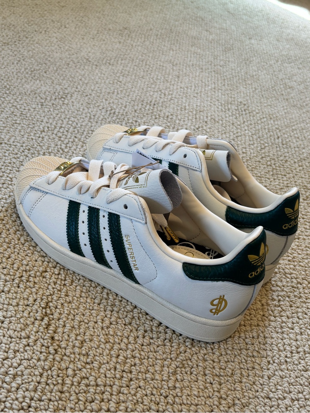 New adidas Superstar II Sneakers in White and Green with Gold Accents